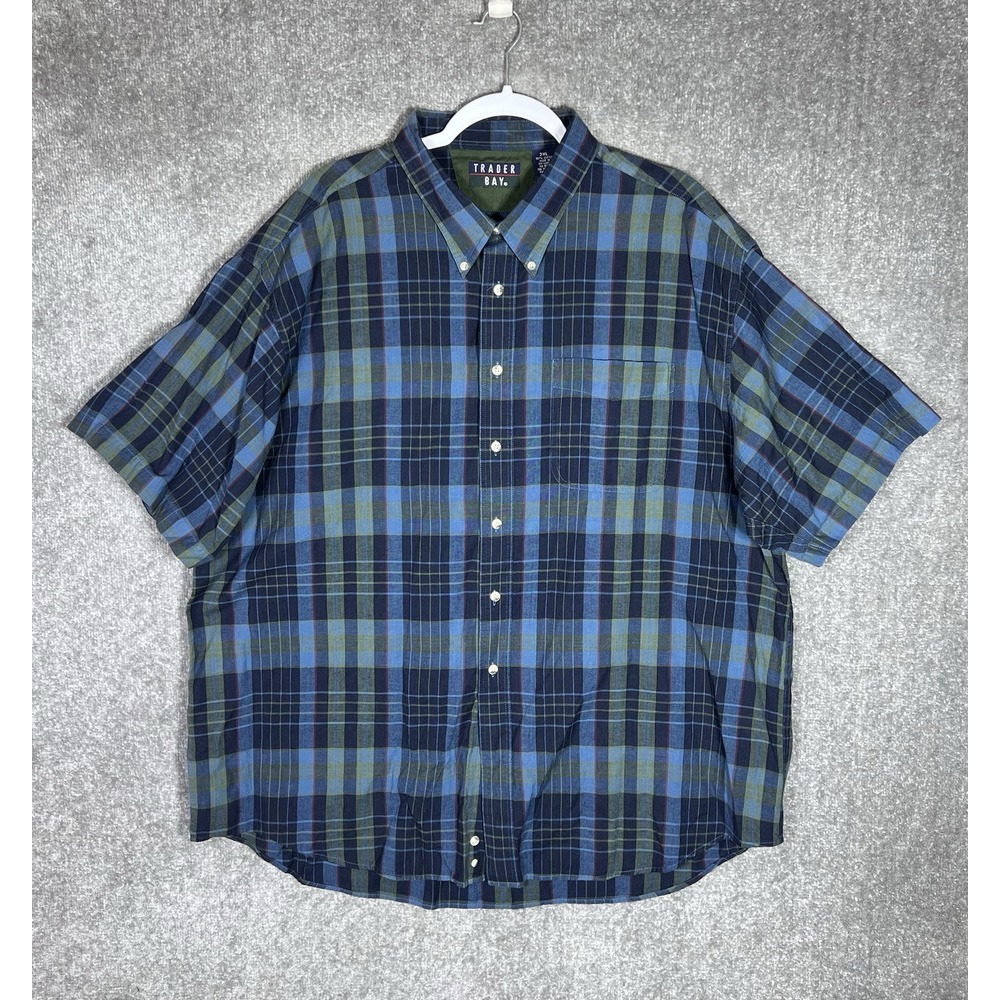 Trader Bay Shirt Mens Size 2XL‎ Green Blue Plaid Short Sleeve Button Down Pocket